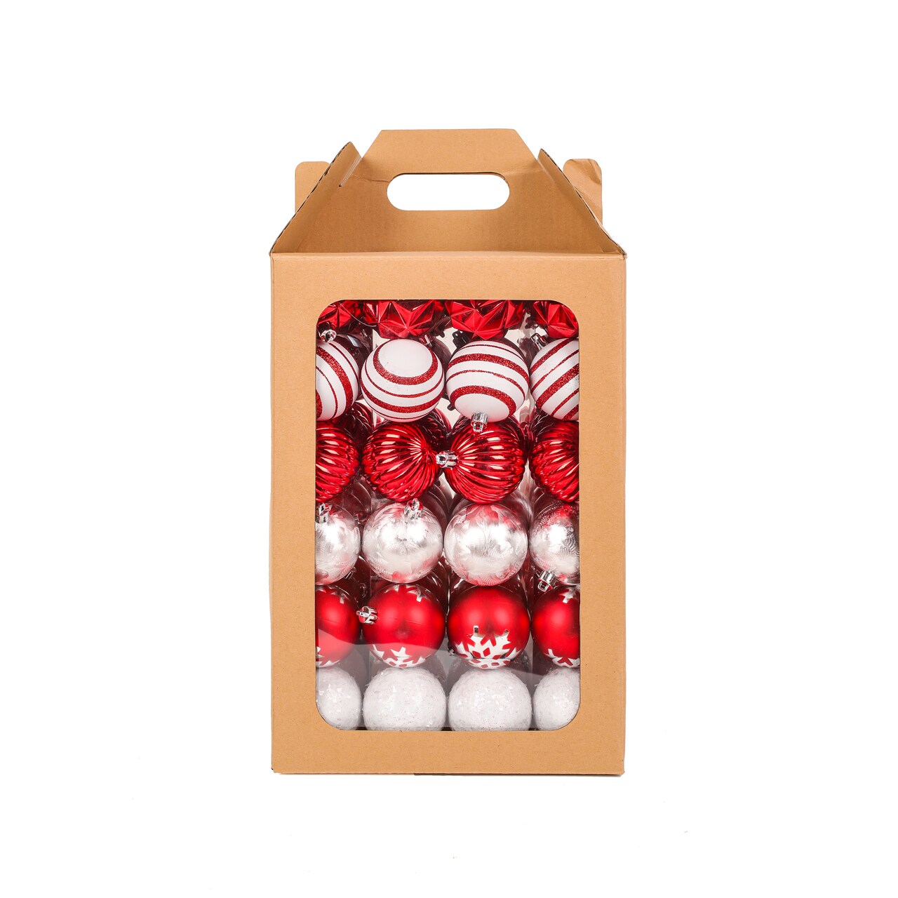 National Tree Company Christmas Ornaments, Solid Red and Silver, Solid White, Red Snowflake, Red Stripe, Set of 96